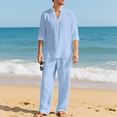 economico Camicie di lino-Per uomo Due pezzi Camicia popover Set Camicia E Pantaloni Impostare Semplice Casuale Quotidiano Vacanza Scollo a V Manica Lunga Estate Primavera Moda Casual Confortevole Abbigliamento