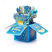  3D-Pop-up-Geburtstagskarte für Männer und Jungen, blau-goldene Feuerwerks-Geburtstagskarte in einer Schachtel, einzigartige Pop-up-Grußkarte mit Luftballons und Kuchen, Geburtstagsgeschenk für ihn,