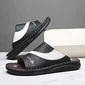 baratos Sandálias e Chinelos para Homem-Sandálias masculinas bicolor pretas e brancas, modelo slide, com bico aberto, costuradas à mão, confortáveis e casuais para o verão, ideais para uso diário, férias, em casa e momentos de lazer ao ar livre.