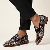 abordables Chaussures Déclaration-Mocassins à enfiler noirs à motif floral pour homme, chaussures habillées élégantes à bride vernie, parfaites pour les mariages, les banquets, les fêtes et les soirées raffinées.