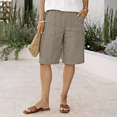 cheap Pants-Women's Cotton Linen Shorts Bermuda Shorts Shorts Baggy Shorts Vacation Vintage Fashion Knee Length Low Waist Solid Color Plain Pocket Elastic Waistband Comfort Soft Breathable Inelastic Streetwear