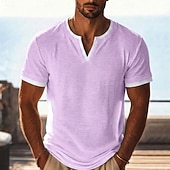 cheap Cotton Linen T-shirts-Men's Linen T-Shirt Short Sleeve V Neck Spring &amp; Summer Summer Spring Solid Color Plain Vintage Bohemian Casual Color Block Fake two piece Plain Casual Vacation Street Black Light Green Light Blue