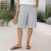cheap Pants-Women's Cotton Linen Shorts Bermuda Shorts Shorts Baggy Shorts Vacation Vintage Fashion Knee Length Low Waist Solid Color Plain Pocket Elastic Waistband Comfort Soft Breathable Inelastic Streetwear