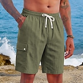 cheap Holiday-Men's Shorts Linen Shorts Summer Shorts Beach Shorts Drawstring Elastic Waist Multi Pocket Plain Comfort Soft Knee Length Daily Outdoor Beach Vacation Fashion Khaki Black Inelastic