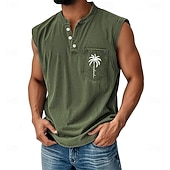 cheap Tank Tops-Men's 100% Cotton Acid Wash Shirt Sleeveless Shirt Sleeveless Henley Summer Solid Color Coconut Casual Garment Dyed Faded Vintage Washed Daily Streetwear Blue Black Green Top Tee for Men