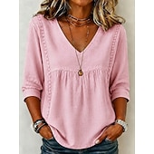  Femmes Chemise Couleur Unie Uni Bohème Vacances ancien Col en V Hauts Longs Occasionnel Bleu Blanche Noir Jaune Rose Claire Été Printemps