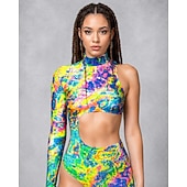 abordables Impresión-Bodysuit Onesie Costume Printing Cutout Women's Neon Asymmetric Rave Graphic Abstract Costume for Music Festival Party Nightclub Halloween Carnival Adults'