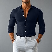 billiga Smart Casual skjortor för män-Herr Skjorta Ribbad stickad Casual skjorta Knapp upp skjorta Svart Vit Grå Ljusblå Långärmad Slät Tröjkrage Ledigt Dagligen Kläder Elegant Mode Ledigt Trendig