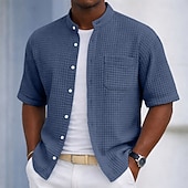 abordables Camisas informales elegantes para hombre-Men's Shirt Waffle Shirt Casual Shirt Button Up Shirt Black Light Green Navy Blue Purple Military Green Short Sleeve Plain Grandad Collar Casual Daily Front Pocket Clothing Apparel Elegant Fashion