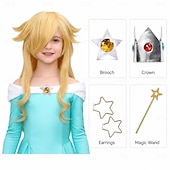 baratos Perucas de personagens de filmes-Peruca loira de princesa para fantasia de cosplay infantil, peruca longa e ondulada.