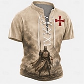  Men's Knights Templar Crusaders Cross Henley Shirt T shirt Tee Short Sleeve T shirt 3D Print Lace Up Neck Henley Shirt Religious Daily Festival Black Red Khaki Spring & Summer Clothing Apparel S M L