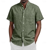 voordelige Klassiek-Voor heren Overhemd Linnen overhemd Zomer overhemd Strand Kleding Overhemd met bandkraag Overhemd met knopen Effen Kleur Casual Vakantie Zwart Wit Blozend Roze Oranje Korte mouw Mandarijn Kraag Zomer