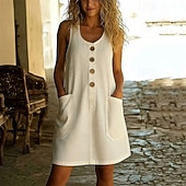  Women's Vintage Holiday 100% Cotton Knee Length Dress  Regular Fit Plain Sleeveless U Neck off white Black White Pink Spring