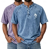 billige Casual Henley Tee-SoftFade™ Men's 2-PCS Coconut Tree T Shirt Demin Shirt 100% Cotton Acid Wash Shirt Short Sleeve Vintage Streetwear Casual Home Street Summer Spring Black Light Green Light Blue Stand