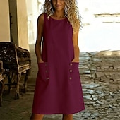 cheap Plain Dress-Women's Vintage Vacation Plain Sleeveless Crew Neck Knee Length Dress Loose Fit dark brown Black Dark Red Navy Blue Spring