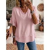  Per donna Blusa Volant Tinta unica Moda Quotidiano Elegante Manica Corta Scollo a V Top Regolari Casuale Quotidiano Blu Bianco Giallo Rosa Estate Primavera