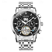 preiswerte Mechanische Uhren-Luxuriöse, automatische Herrenuhr, zweifarbiges Edelstahlgehäuse, blaues Zifferblatt im Skelett-Tourbillon-Stil, selbstaufziehende Business-Armbanduhr mit Großdatum, 24-Stunden-Anzeige, wasserdicht