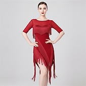 abordables Practice Dresses-Women's Black Latin Dance Dress - Professional Mesh Sleeve Ballroom Performance Outfit - Asymmetrical Fringe Tassel Dress
