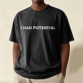  Camiseta masculina sarcástica "Eu tinha potencial" 100% algodão, lavagem ácida, tecido pesado, manga curta, estampa DTG, gola redonda, moda casual, férias, azul, preto, vermelho, primavera &vestuário