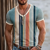 cheap Vacation Tropical T Shirts-Men's Color Block Stripes T Shirt Short Sleeve T shirt 3D Print V Neck Shirt Vacation Casual Daily Holiday Red Orange Brown Spring &amp; Summer Clothing Apparel S M L XL XXL XXXL