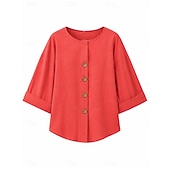  Chemises en lin pour femmes, blouses boutonnées, couleur unie, manches 3/4, col en V, coupe classique, pour tous les jours, noir, blanc, rouge, orange, vert, été, printemps, automne