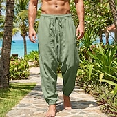 preiswerte Urlaub-Herren Leinenhosen Hose Sommerhose Baggy-Hosen Kordelzug Elastischer Bund Einfarbig Einfach Komfort Atmungsaktiv Volle Länge Täglich Outdoor Ferien Urlaub Mode Khaki Cachi scuro Unelastisch