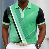 abordables Polo géométrique pour homme-Men's Geometic Line Polo Shirts Short Sleeve Polo Shirts Collared Shirts Casual Athleisure 3D Print Buttons Breathable Mesh Spring &amp; Summer Blue Light Green Green