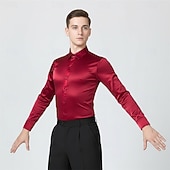 abordables Hauts &amp; Ensembles-Chemise noire de danse latine pour homme - Haut de scène à manches longues et coupe ajustée - Détails en satin - Costume salsa/tango/cha-cha