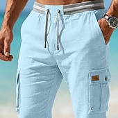 cheap Holiday-Men's Linen Pants Summer Pants Baggy Pants Drawstring Elastic Waist Plain Comfort Breathable Full Length Casual Daily Outdoor Vacation Fashion Blue Black Stretchy