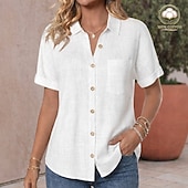 economico Bluse Semplici-Camicia da donna in 100% cotone camicie di lino camicia da spiaggia camicia con bottoni patchwork taschino di colore solidale semplice vacanza moda casual a maniche corte colletto ribaltabile top