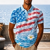 cheap Patriotic 250 Polos-4th of July 2026 250th Men's Ocean American US Flag Hawaiian Polo Shirts Short Sleeve Polo Shirts Lapel Business Casual Athleisure 3D Print Buttons Breathable Mesh Spring &amp; Summer Blue 1 Blue 3# Blue