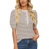 voordelige Effen t-shirt-Dames T-shirt Grafisch Gestreept Modieus Casual Korte mouw Overhemdkraag Lange tops Casual Dagelijks Weekend Zwart en Wit Groen en wit Zwarte abrikoos Xingka Zomer Lente