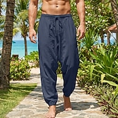 preiswerte Urlaub-Herren Leinenhosen Hose Sommerhose Baggy-Hosen Kordelzug Elastischer Bund Einfarbig Einfach Komfort Atmungsaktiv Volle Länge Täglich Outdoor Ferien Urlaub Mode Khaki Cachi scuro Unelastisch