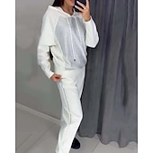 baratos Fatos de treino-Mulheres Conjuntos de moletom com capuz Agasalho de 2 peças Trajes de lazer Com Cordão Com Capuz Cor Sólida Conjunto de roupa atlética Primavera Outono Preto Branco Academia Treino de Ginástica