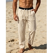 preiswerte Vakantie-Men's Linen Pants Trousers Summer Pants Beach Pants Drawstring Pocket Elastic Waist Color Block Comfort Breathable Knee Length Daily Outdoor Beach Vacation Fashion Black White Inelastic