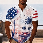  4th of July 2026 250th Men's American US Flag Palm Tree Zip Polo Shirts Short Sleeve Polo Shirts Collared Shirts Casual Party Evening Wear Dailywear 3D Print Quarter Zip Polo Summer Spring Blue Blue