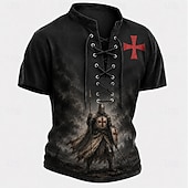  Men's Knights Templar Crusaders Cross Henley Shirt T shirt Tee Short Sleeve T shirt 3D Print Lace Up Neck Henley Shirt Religious Daily Festival Black Red Khaki Spring & Summer Clothing Apparel S M L