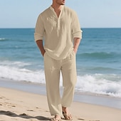 economico Camicie di lino-Per uomo Due pezzi Camicia popover Set Camicia E Pantaloni Impostare Semplice Casuale Quotidiano Vacanza Scollo a V Manica Lunga Estate Primavera Moda Casual Confortevole Abbigliamento