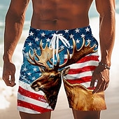  4th of July 2026 250th Men's American Flag Deer Swim Trunks Bathing Suits Swim Shorts Board Shorts Mid Waist Patriotic Daily Holiday Side Pockets Mesh Lining Elastic Drawstring Waist Designer