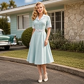 cheap Dresses-1950s Retro Vintage Tea Length Dress Swing Dress Flare Dress Short Sleeves Solid Color Fit &amp; Flare Fancy Dress Women's Valentine's Day Tea Party Casual Daily Adults' Dress Spring &amp; Summer