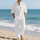 economico Camicie di lino-Per uomo Due pezzi Camicia popover Set Camicia E Pantaloni Impostare Semplice Casuale Quotidiano Vacanza Scollo a V Manica Lunga Estate Primavera Moda Casual Confortevole Abbigliamento