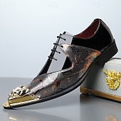 tanie Loafery-Męskie czarno-brązowe abstrakcyjne buty typu derby z metalowym noskiem, eleganckie buty sznurowane dla stylowych mężczyzn, na wesela, imprezy, bale maturalne i występy sceniczne