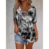  Women's T Shirt Tee Drawstring Graphic Tie Dye Bohemia Vintage Tropical Short Sleeve Asymmetrical V Neck Regular Tops Casual Daily Beach Blue Black Summer Spring Fall Winter