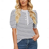 voordelige Effen t-shirt-Dames T-shirt Grafisch Gestreept Modieus Casual Korte mouw Overhemdkraag Lange tops Casual Dagelijks Weekend Zwart en Wit Groen en wit Zwarte abrikoos Xingka Zomer Lente