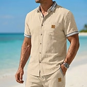  Herren Hemd Leinenhemd Sommerhemd Strandhemd Einfach Lässig Täglich Blau Schwarz Marineblau Khaki Kurzarm Kragen Sommer Frühling Bekleidung Patchwork