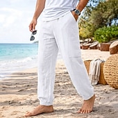 ieftine Vacanţă-Bărbați Pantaloni de in Pantaloni Pantaloni de vară Manșetă Elastică Simplu Confort Respirabil Lungime totală Casual Zilnic Plajă Vacanță Modă Kaki Negru Inelastic