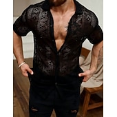 cheap Men's Smart Casual Shirts-Men's Shirt Casual Shirt Button Up Shirt Jacquard Shirt Black Short Sleeve Plain Shirt Collar Casual Daily Lace Clothing Apparel Elegant Fashion Casual