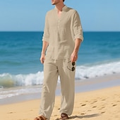 economico Camicie di lino-Per uomo Due pezzi Camicia popover Set Camicia E Pantaloni Impostare Semplice Casuale Quotidiano Vacanza Scollo a V Manica Lunga Estate Primavera Moda Casual Confortevole Abbigliamento