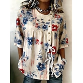  día de la independencia americana Mujer Camisa camisa boho Camisa casual Graphic Bandera Elegante Bohemia Vintage Manga Corta Cuello Barco Tops largos Casual Azul Piscina Blanco y Azul Gris+Azul+Rojo