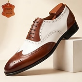 cheap Classic Dress Shoes-Men's Two-Tone Wingtip Oxford Dress Shoes, Brown &amp; White Brogue Leather Formal Shoes for Business Men, Wedding, Party, Banquet and Office Wear